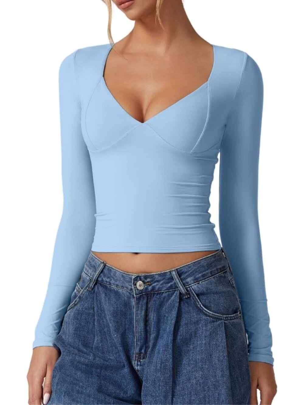 〽️Women's V Neck Long Sleeve Crop Top Double Lined Seamed Cup Light Blue Tee
